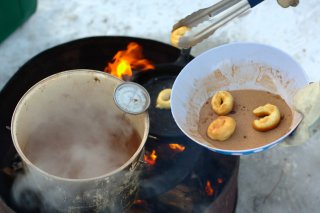 Campfire with donuts and hot chocolate