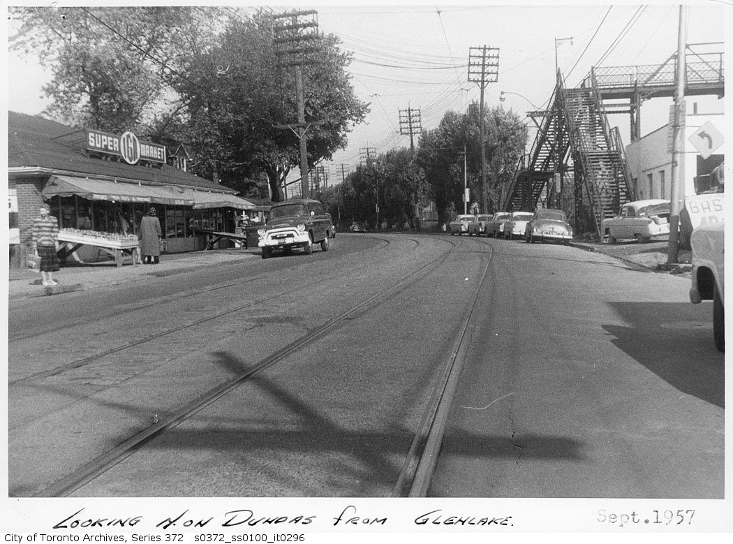 Dundas St., north at Glenlake Rd. and Wallace Bridge, Sept. 1957