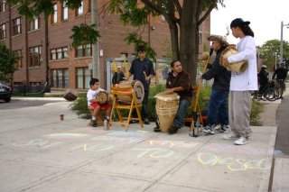  A band plays some music under the Wallace Ave. pedestrian Bridge while we wait for the Human Train to arrive.